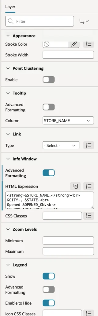 The properties of a point layer on an Oracle APEX map