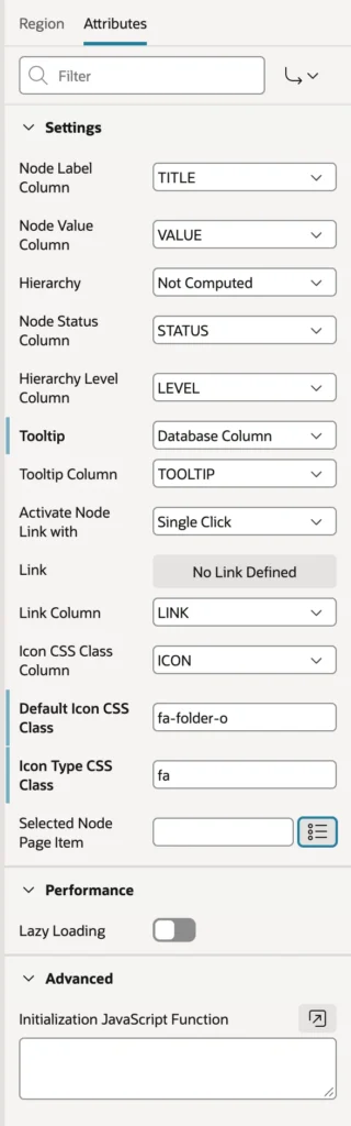 The attributes of a tree region in Oracle APEX
