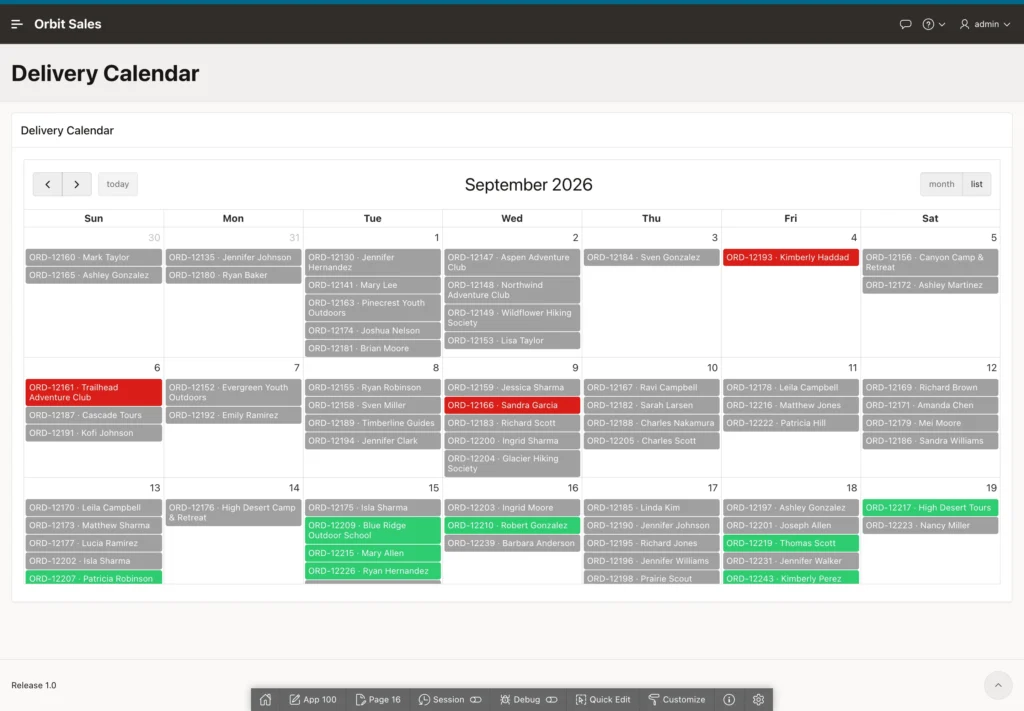 A delivery calendar colored by order status in Oracle APEX