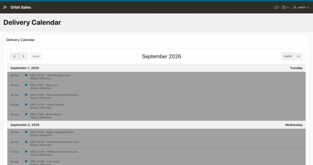 The list view of an Oracle APEX calendar