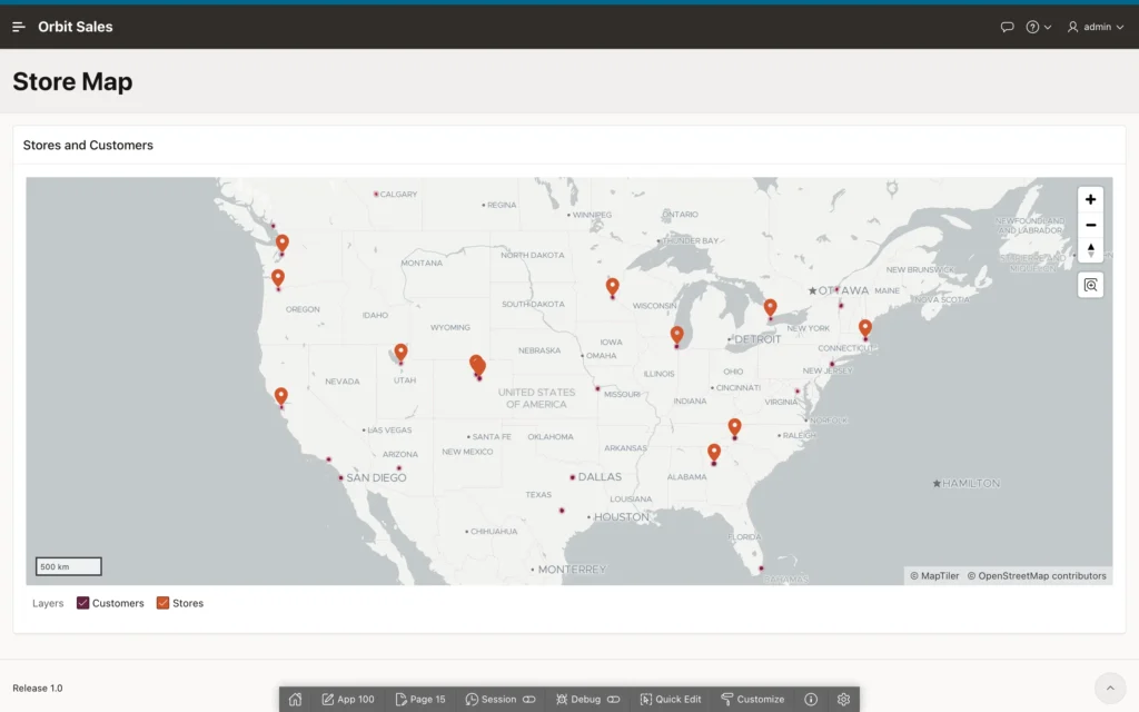 A map showing store pins over a customer heat map in Oracle APEX