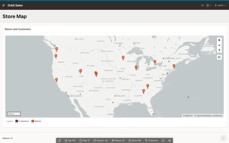A map showing store pins over a customer heat map in Oracle APEX