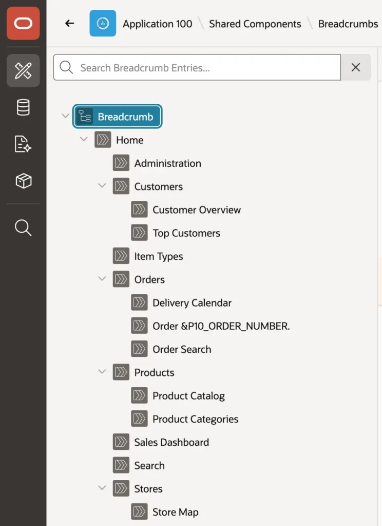 A breadcrumb hierarchy shown as a tree in Oracle APEX