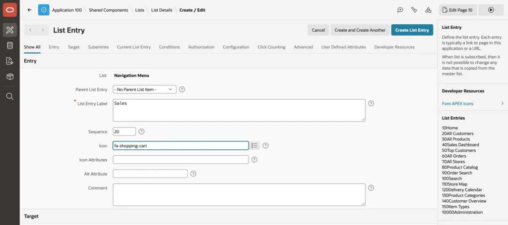 Creating a navigation list entry with no target in Oracle APEX