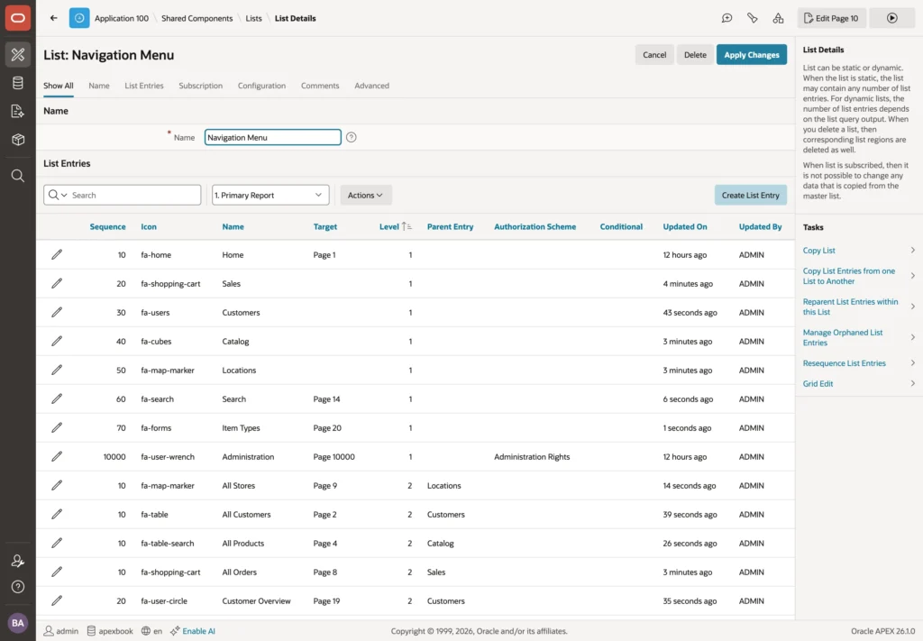 Navigation list entries showing levels and parents in Oracle APEX