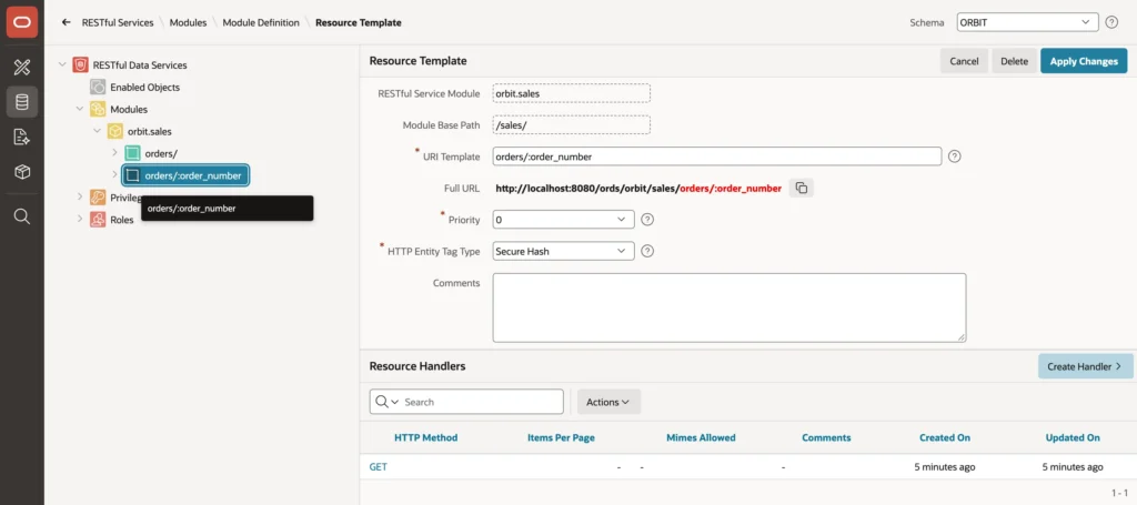 A REST module with templates and handlers in Oracle APEX SQL Workshop
