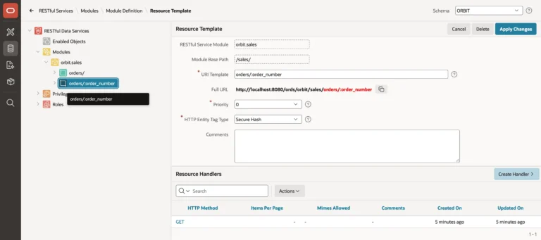 A REST module with templates and handlers in Oracle APEX SQL Workshop