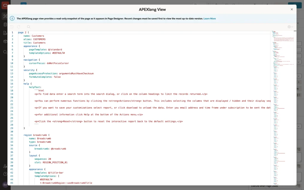 A page shown in the APEXlang View in Oracle APEX 26.1