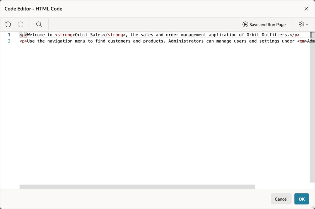 The code editor in Oracle APEX Page Designer editing region HTML