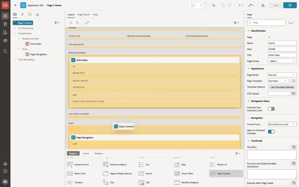 Dragging a Static Content region from the gallery onto the Layout in Page Designer