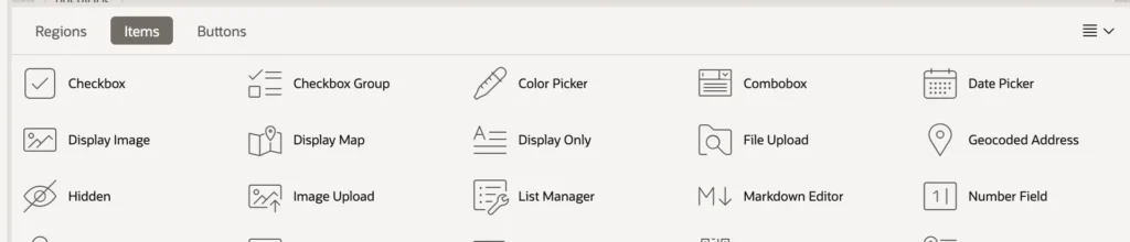 The Items tab of the component gallery in Oracle APEX Page Designer