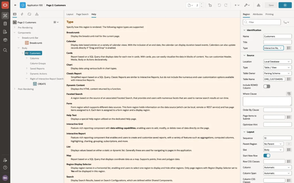 The Help tab showing help for a property in Oracle APEX Page Designer