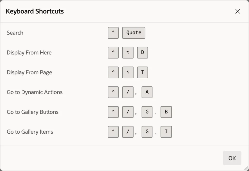 The Keyboard Shortcuts dialog in Oracle APEX Page Designer