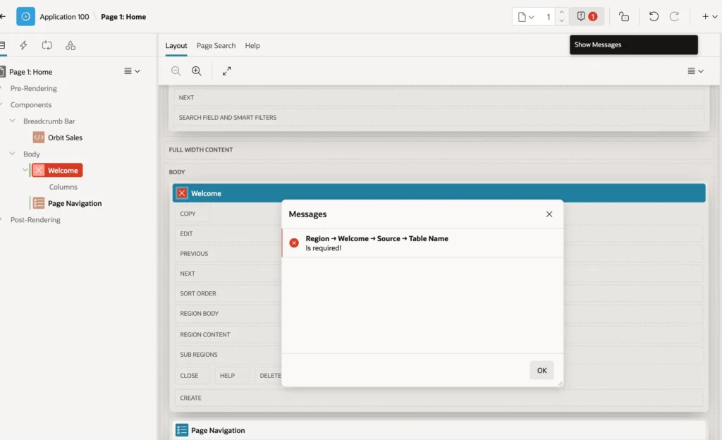 The Messages dialog listing page errors in Oracle APEX