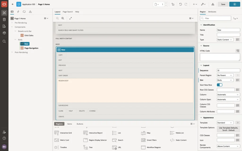 A newly dropped region selected in the tree and Layout in Page Designer