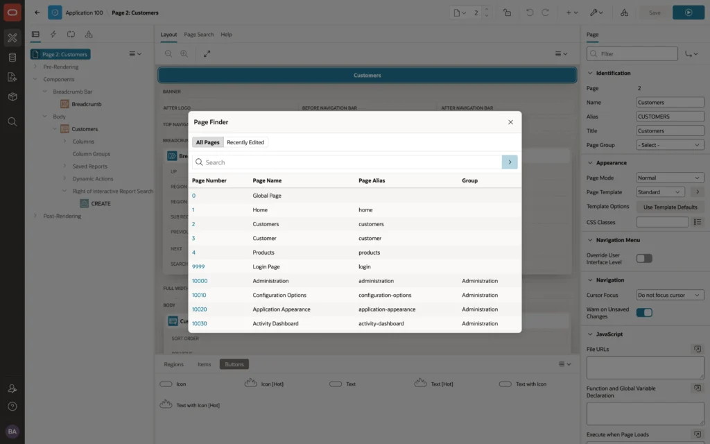 The Page Finder dialog in Oracle APEX Page Designer