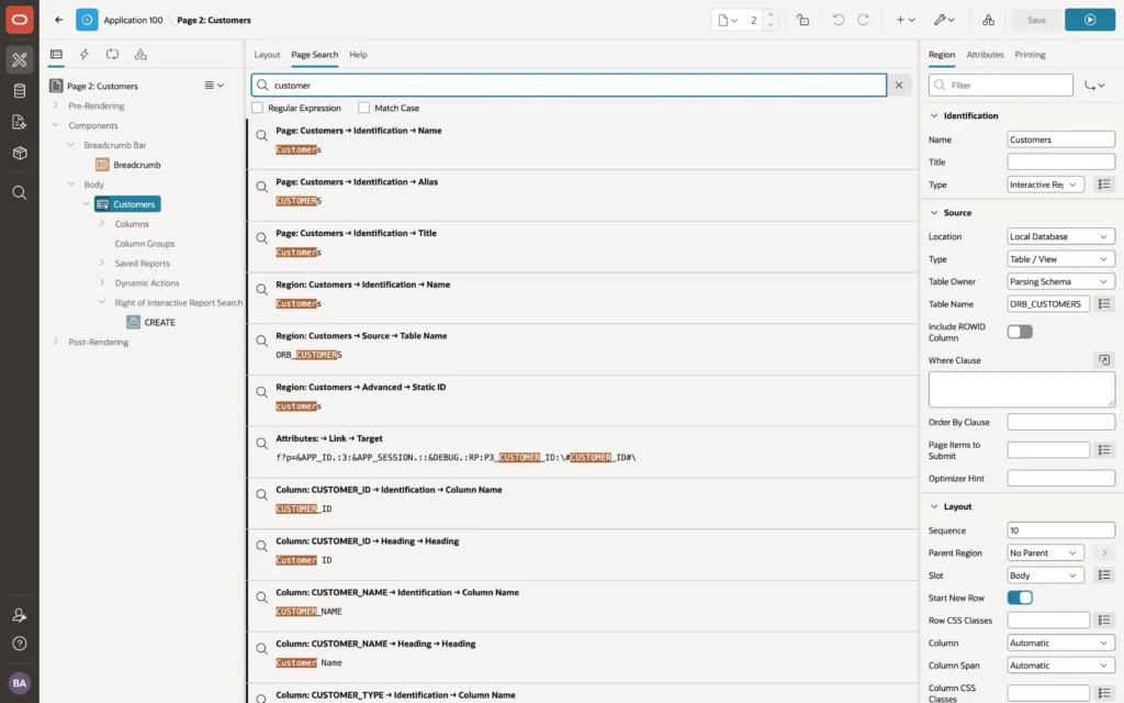 Searching a page for a term in Oracle APEX Page Designer