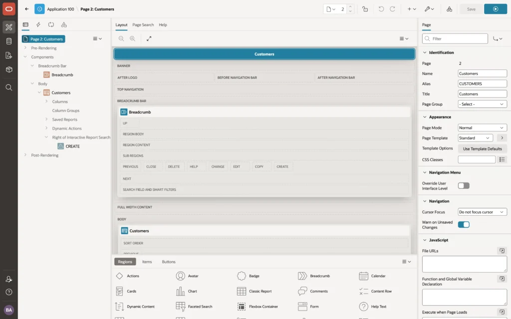Oracle APEX Page Designer showing the three panes and a page open for editing