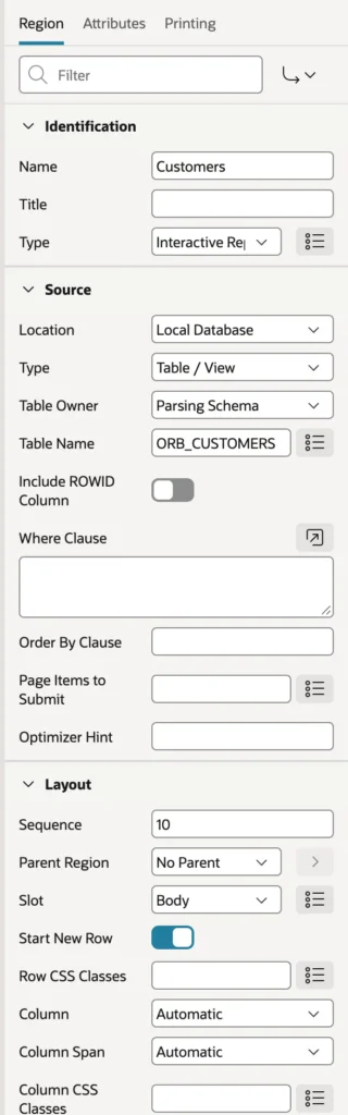 The Property Editor in Oracle APEX Page Designer showing a region's properties