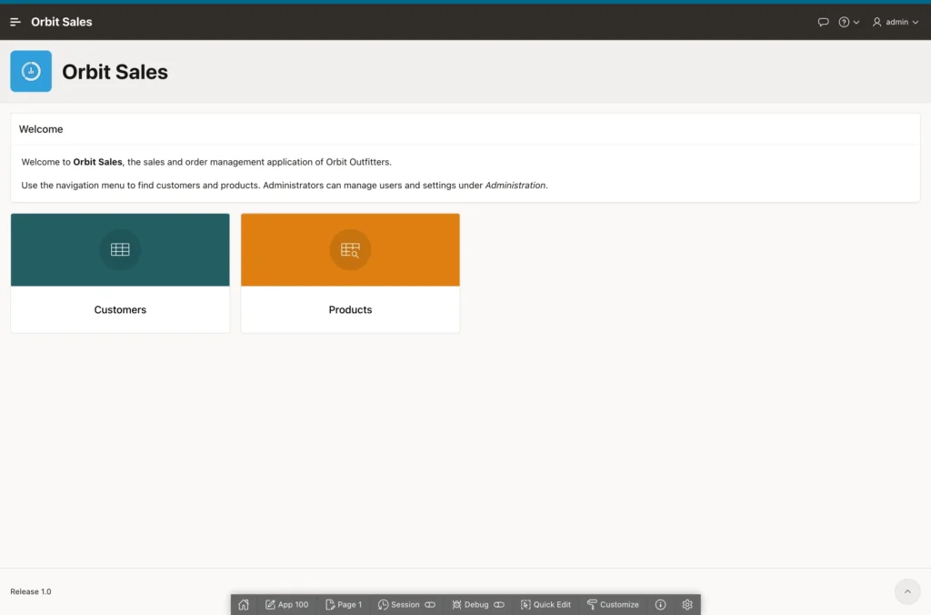 The Welcome region on a running Oracle APEX home page