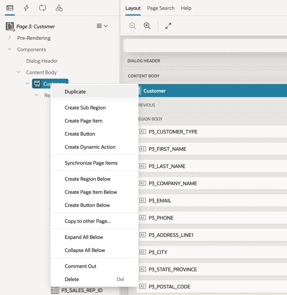 The right-click context menu of a region in the Page Designer tree