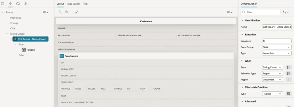 The Dynamic Actions tree in Oracle APEX Page Designer