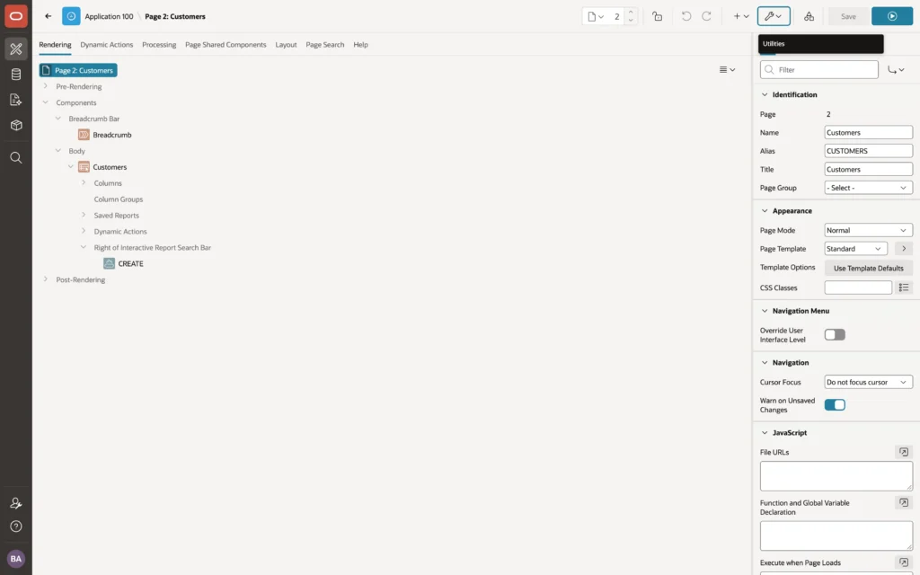 Oracle APEX Page Designer in two-pane mode