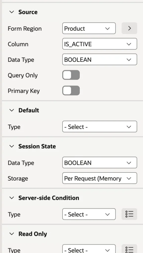 A switch item using BOOLEAN session state in Oracle APEX