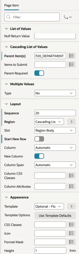 Configuring a cascading list of values in Oracle APEX