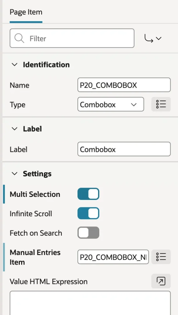 The Manual Entries Item setting of a combobox in Oracle APEX
