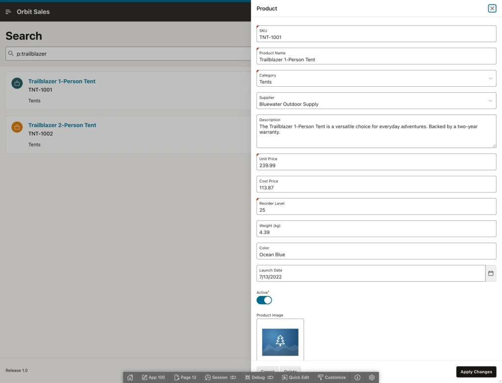 A product form showing an image upload preview in Oracle APEX