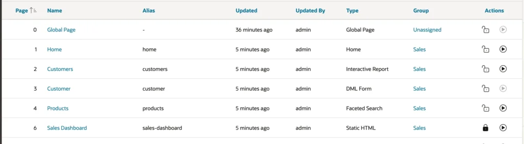 The page list in Oracle APEX showing page groups and a locked page