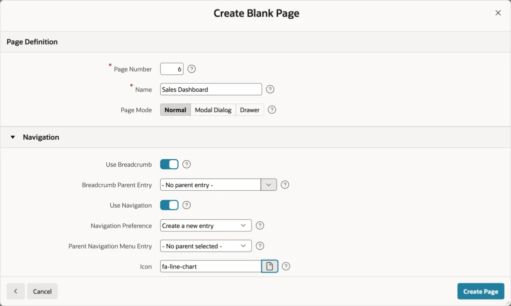 Creating a blank page in the Oracle APEX Create Page wizard