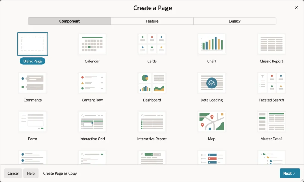 The Create a Page wizard gallery in Oracle APEX