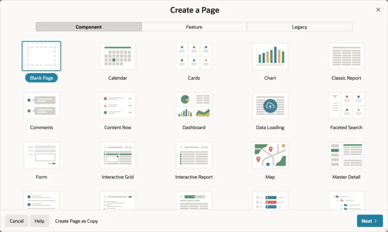 The Create a Page wizard gallery in Oracle APEX