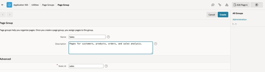 Creating a page group in Oracle APEX