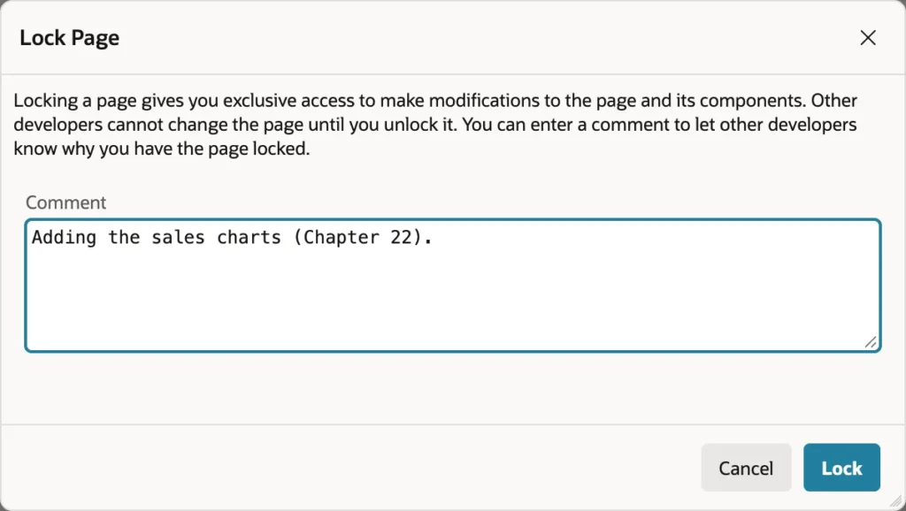 The Lock Page dialog in Oracle APEX Page Designer