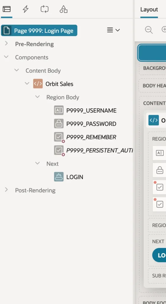 The Rendering tree of the login page in Oracle APEX
