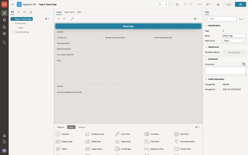 The global page, page 0, in Oracle APEX Page Designer