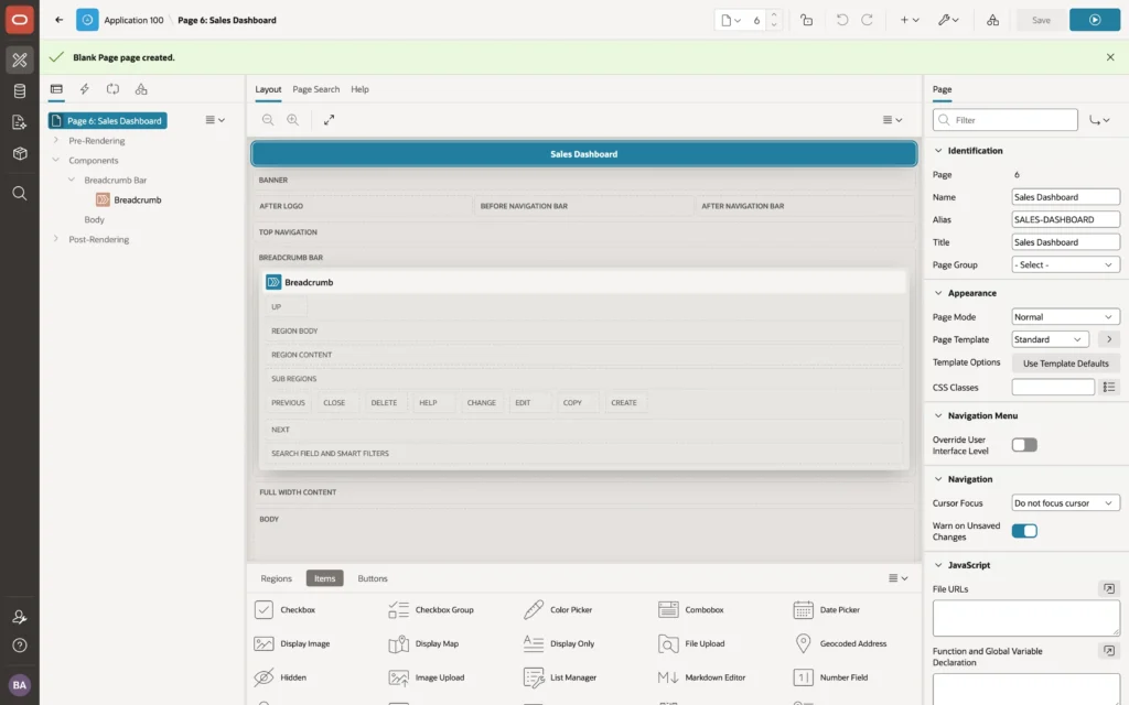 A new blank page open in Oracle APEX Page Designer
