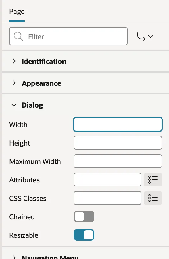 The Dialog property group of a modal dialog page in Oracle APEX