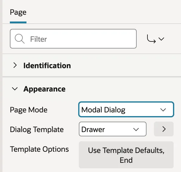 Page properties showing Modal Dialog mode with the Drawer template