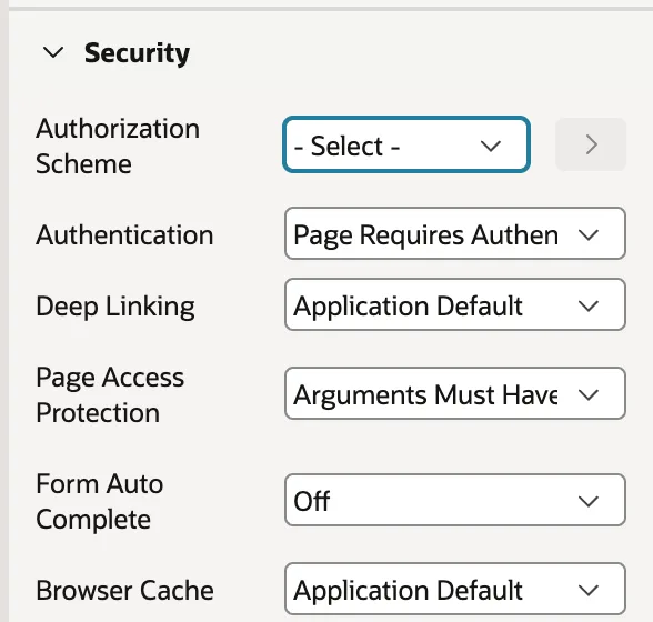 The Security property group of a page in Oracle APEX