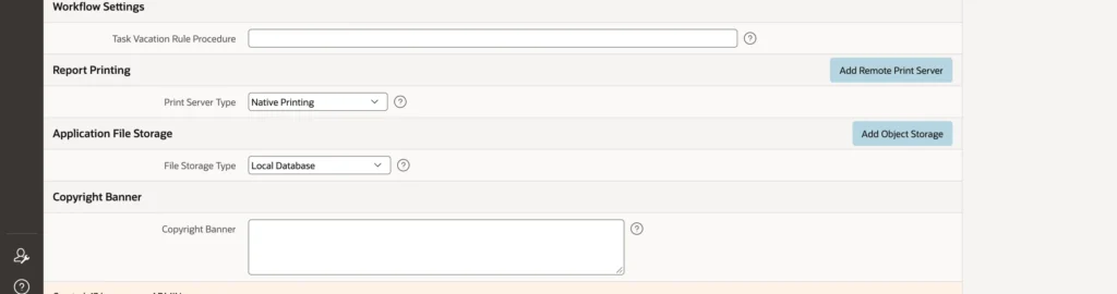 The report printing settings of an Oracle APEX application