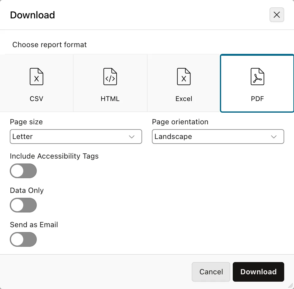 The download dialog of an Oracle APEX interactive report