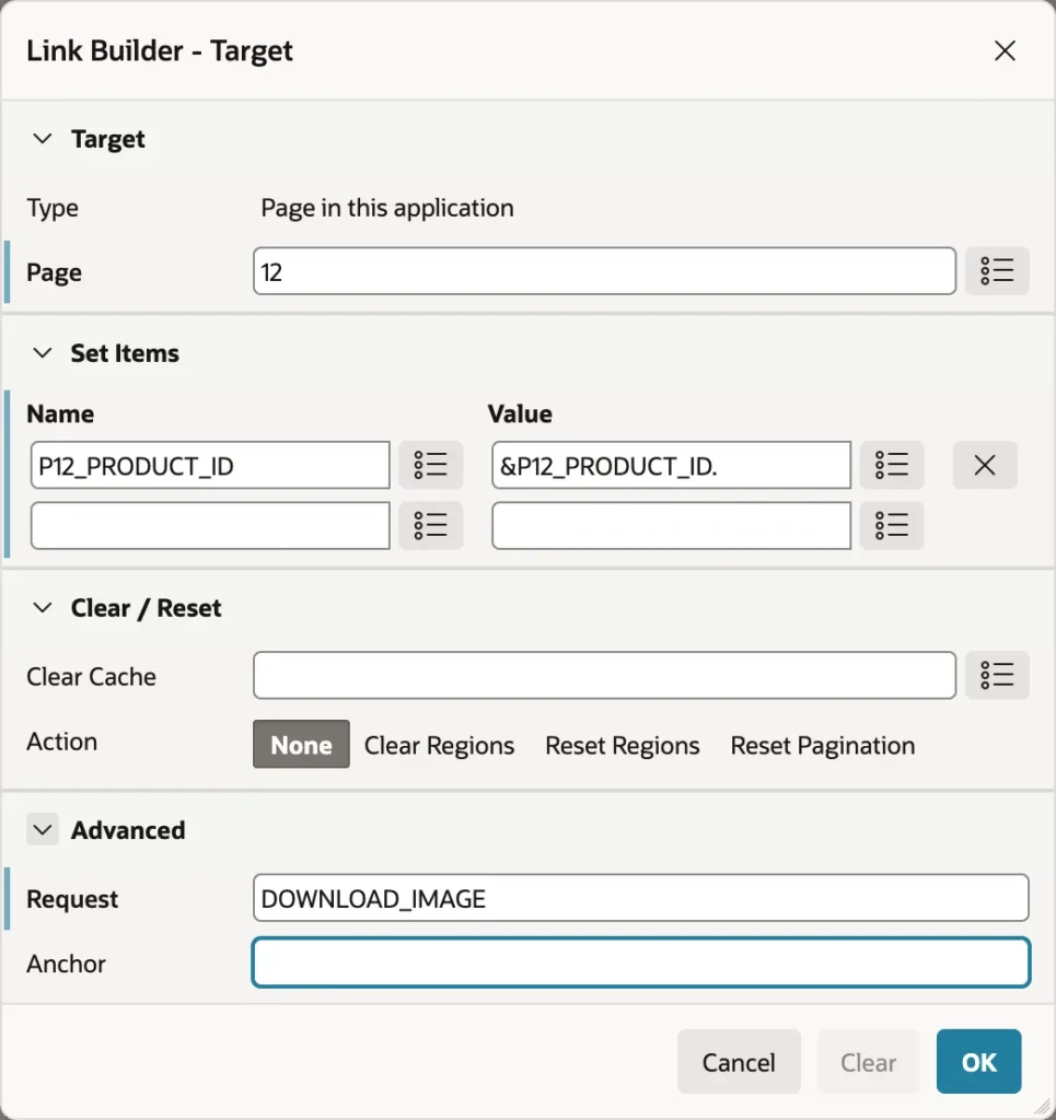 A button redirecting to its own page with a request in Oracle APEX