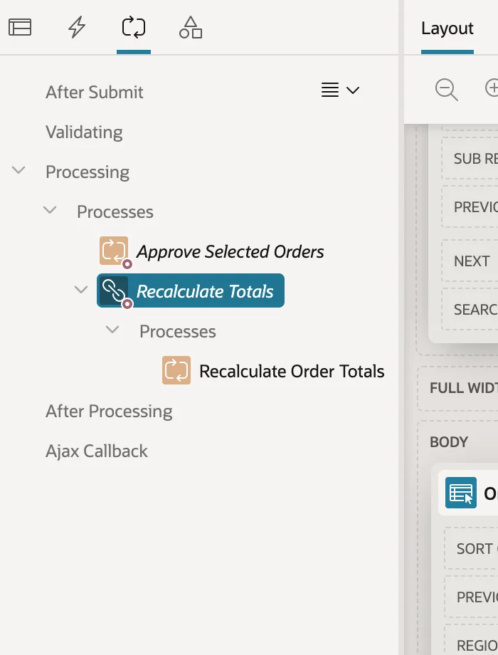 An execution chain and its child process in Page Designer