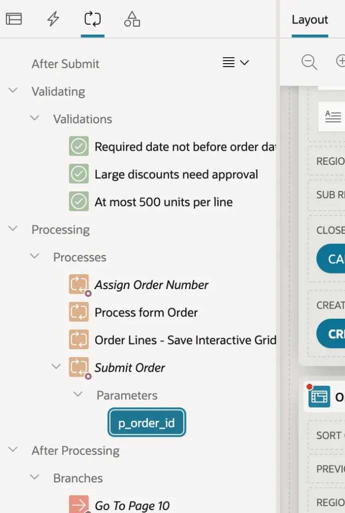 The processing tree of a page in Oracle APEX Page Designer