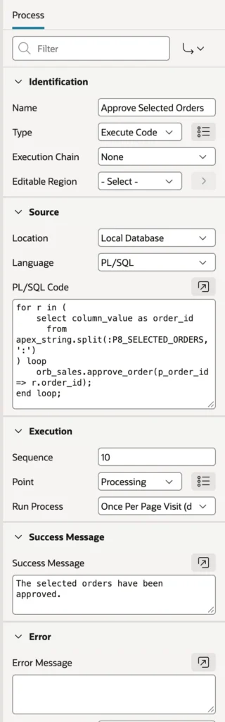 An Execute Code process approving selected records in Oracle APEX