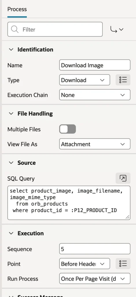 A Download process configuration in Oracle APEX
